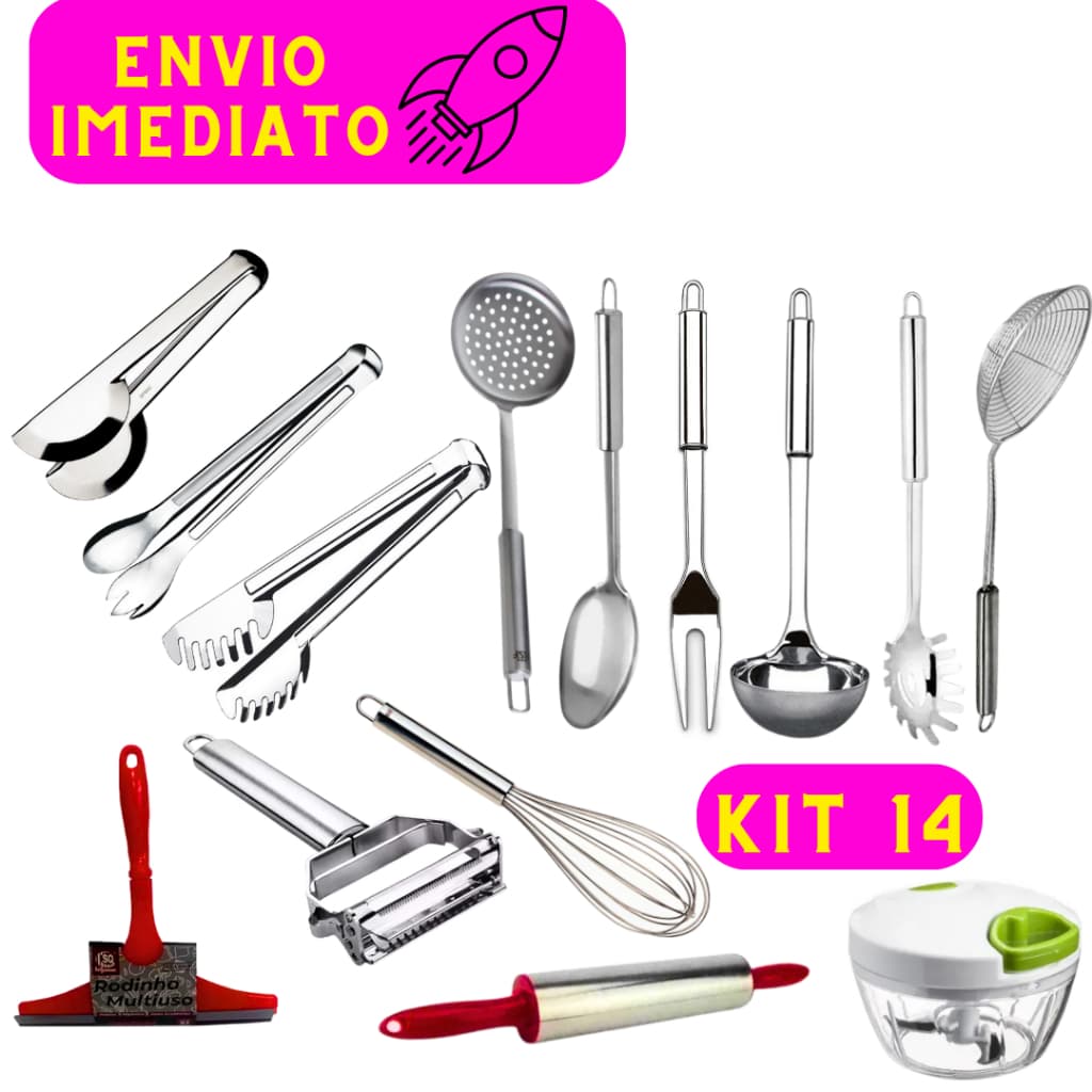 Kit 14 Talheres Utensílios Em Aço Inox Multiuso Profissional Conchas Pegadores Escumadeira