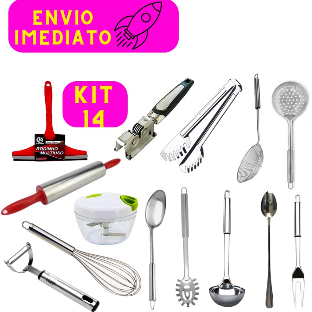 Kit 14 Talheres Utensílios Em Aço Inox Multiuso Profissional Rodo Amolador Pegador de Massa
