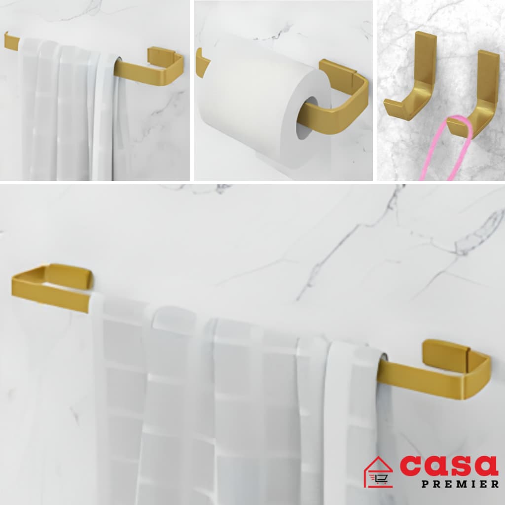 Kit Acessórios Banheiro Conjunto Quadrado 5 Peças Dourado/Cromado/Preto Fosco Dois Cabides Metal