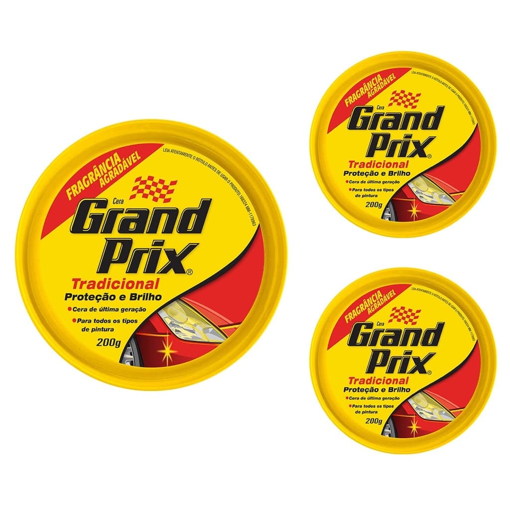 Kit 03 Cera em Pasta Tradicional Lata 200g GRAND PRIX Cera Automotiva Carro Brilho e Proteção UV