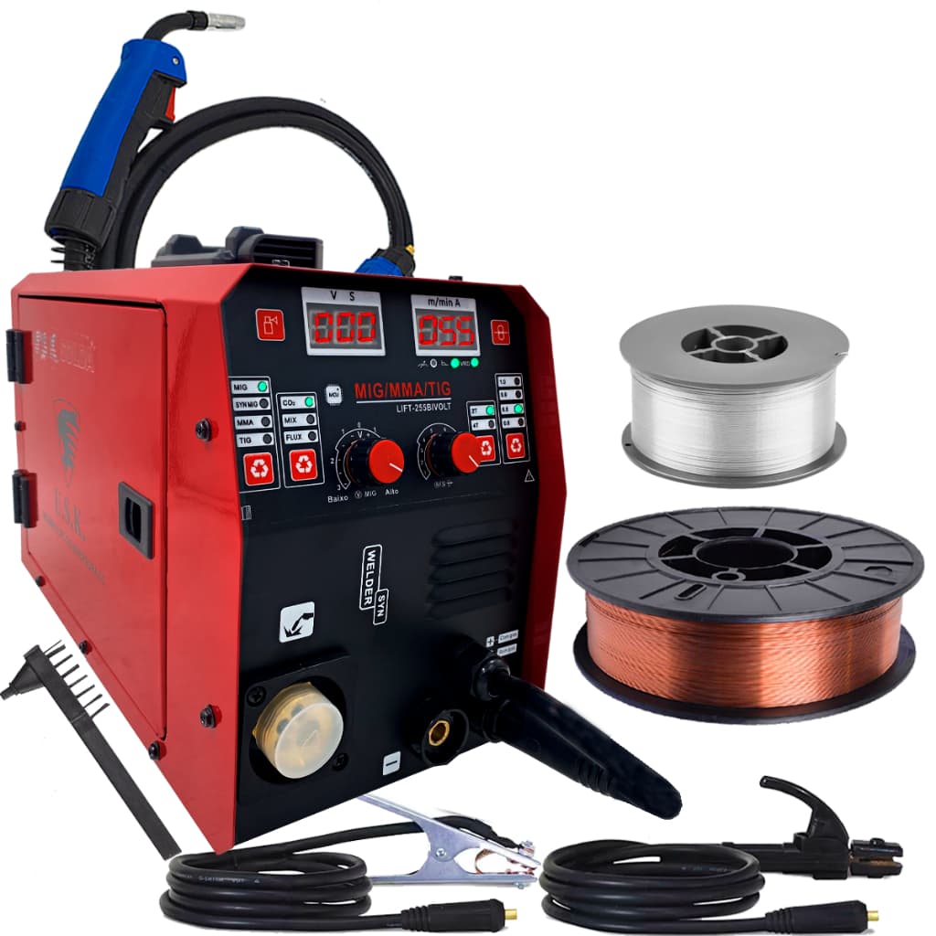 Kit Maquina De Solda Inversora Multiprocesso Mig 255 Bivolt Tig Eletrodo Usk + Arames 1kg e 5kg