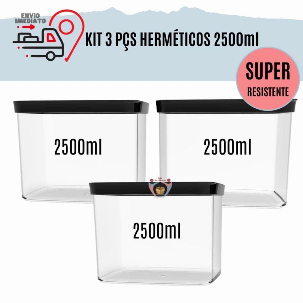Conjunto Com 3 Potes Herméticos Cozinha 2,5 Litros  Kit Com 3 potes Hermeticos 2500ml Porta Mantimentos para grãos arroz ração Resistente