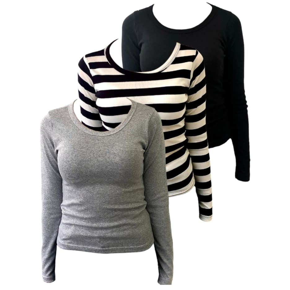 Kit 3 blusas manga longa gola redonda 96% algodão 4% elastano.