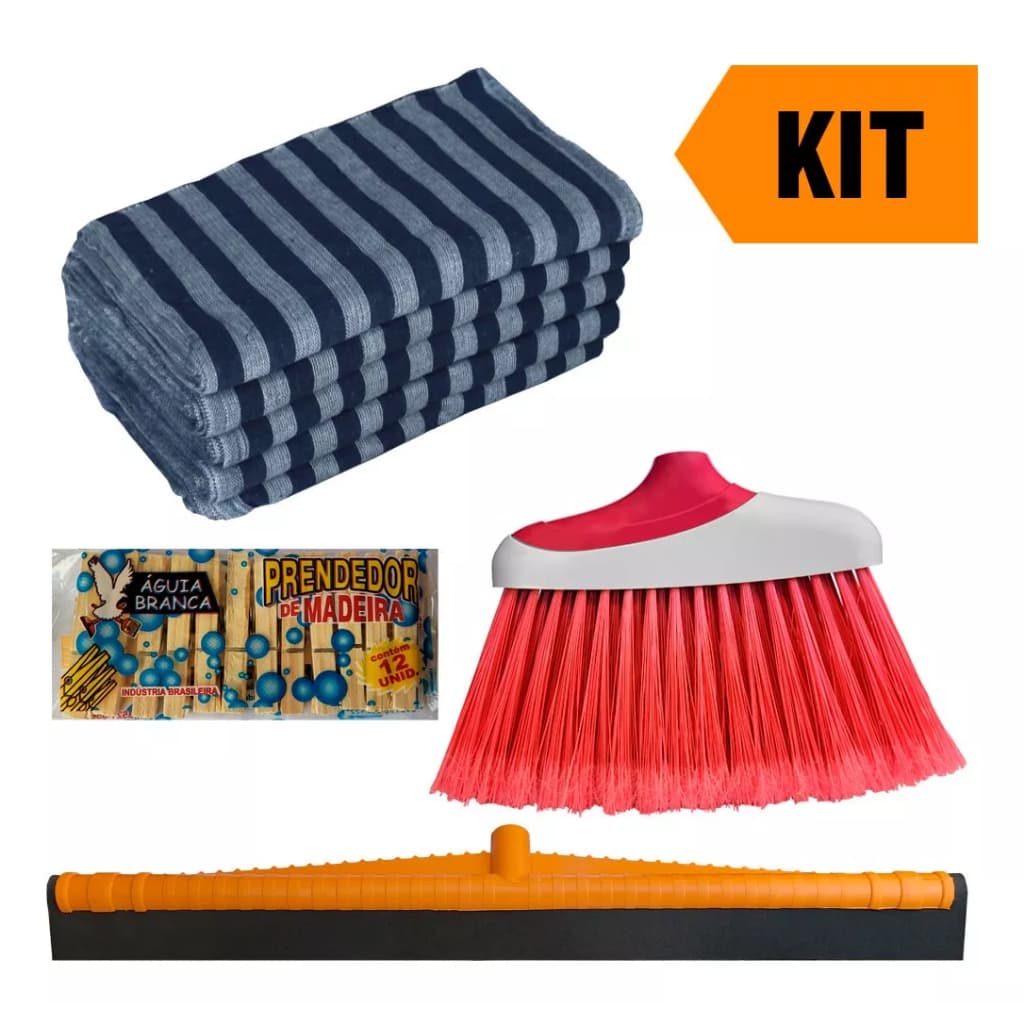 Kit Com 10 Panos De Chão Listrado Vassoura Varre Casa Rodo De Plástico 60cm + 120 Prendedor Madeira