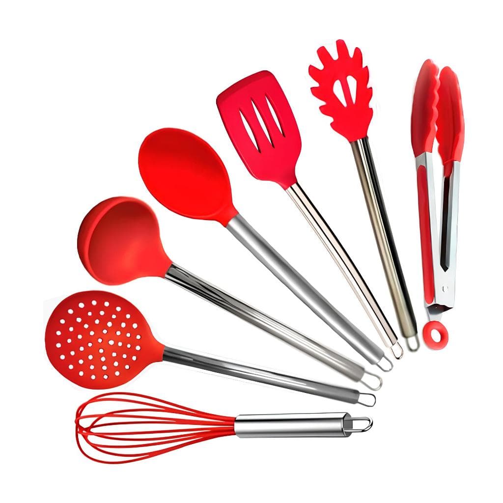 Jogo De Utensílios Para Cozinha Silicone E Inox Com Pegador 7 Pçs Vermelho Concha Espumadeira Batedor Kit Cozinha