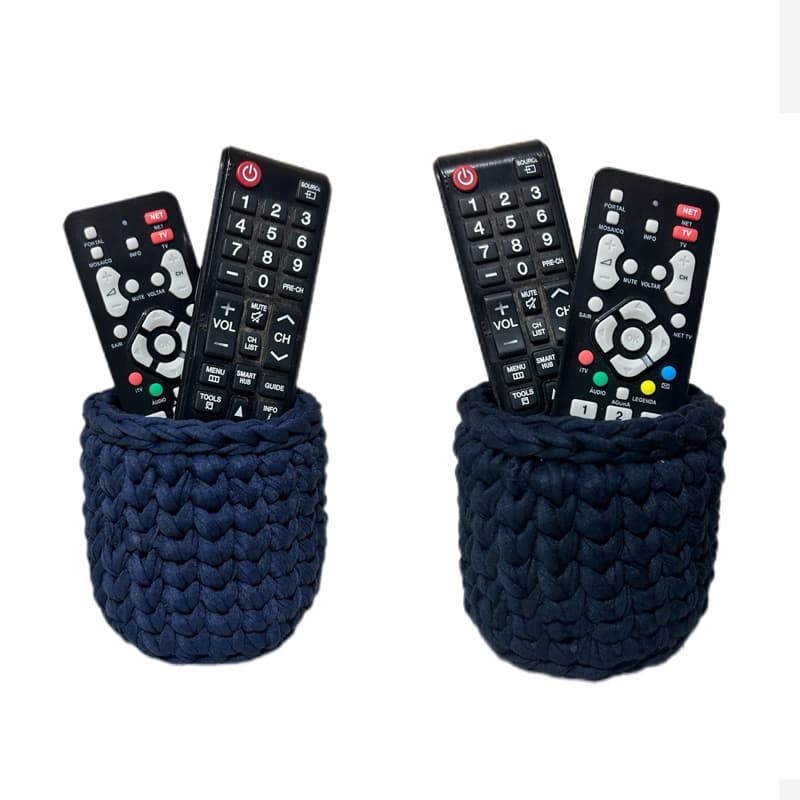 Kit 2 Porta Controles Cestos de Croche em Fio de Malha Azul Marinho