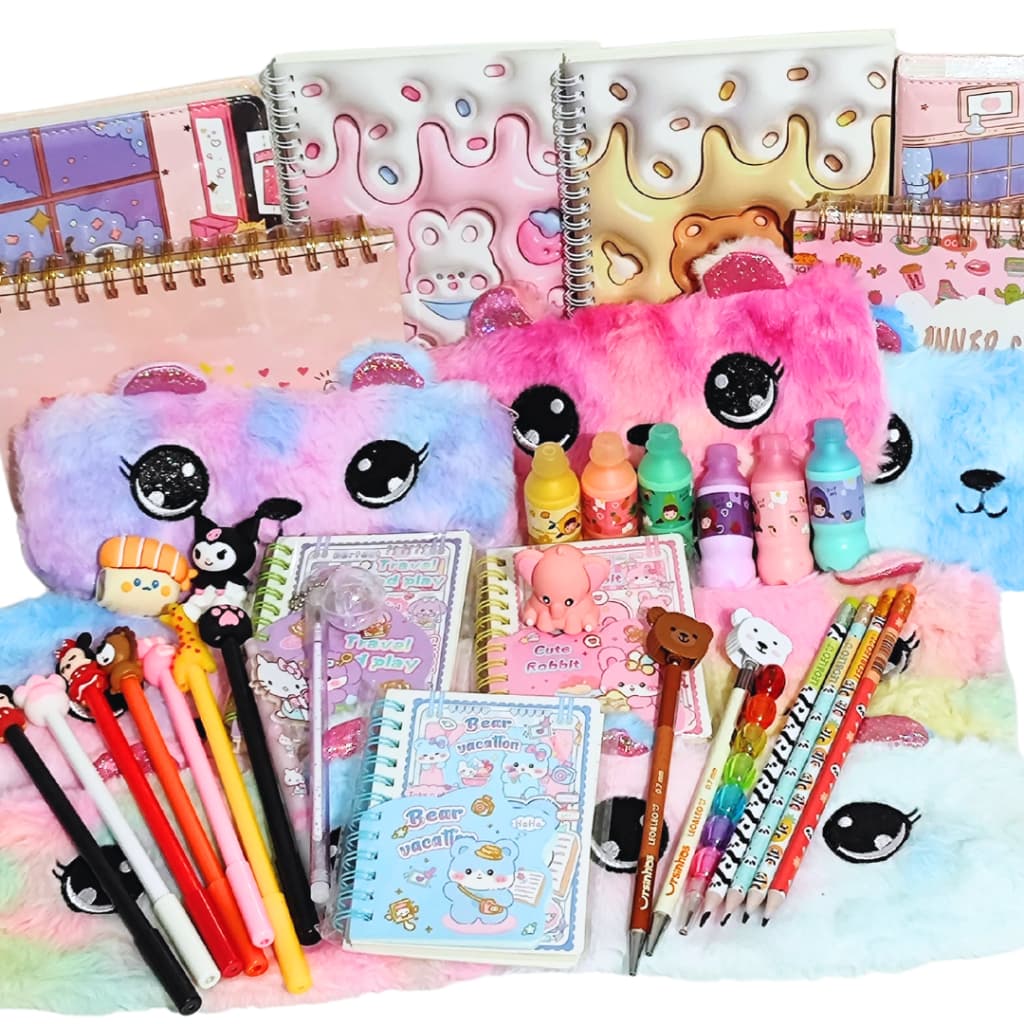 Kit Papelaria Fofa Luxo 15 Itens Presente Criativo Kawaii Estojo Super Fofo Material Escolar