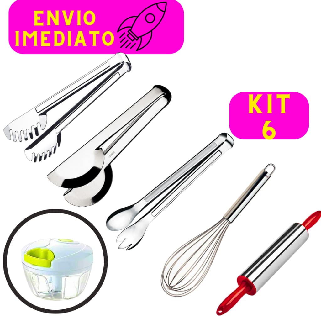 Kit Utensílios De Cozinha 6 Peças 100% Aço Inox Pegador Massa Pegador Universal Pegador Salada Fuê