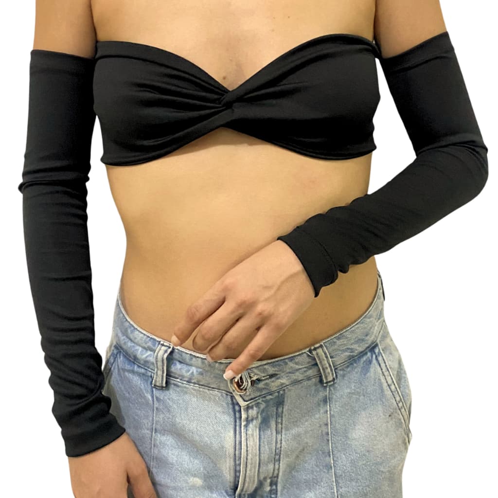 Top Cropped Faixa Com Manga Trançado Nó Sem Bojo