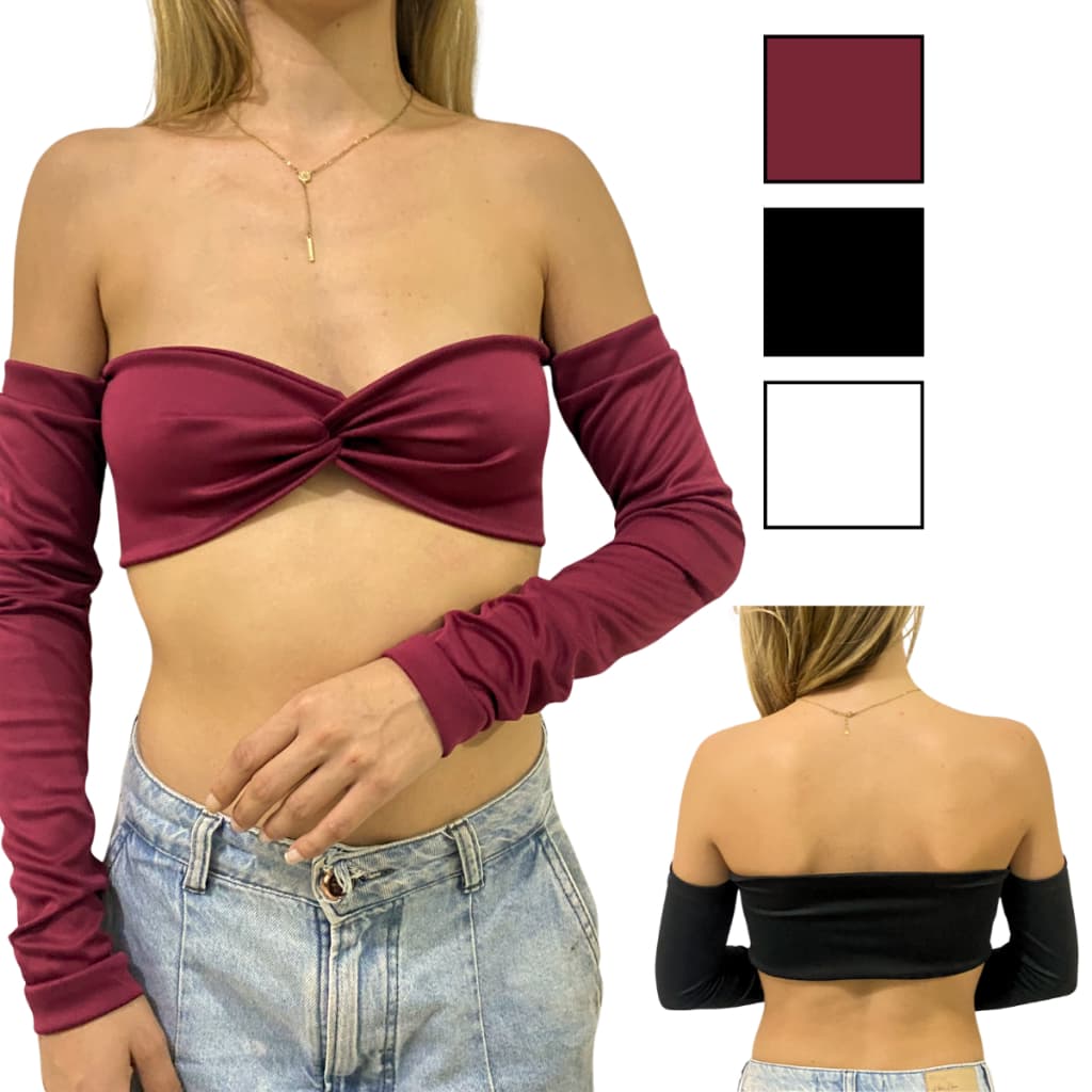 Cropped Top Feminino Trançado Com Manga Sem Bojo