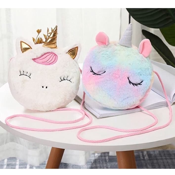 Bolsa Infantil de Pelúcia Unicórnio, Gatinha, Sapinho, Elefante, Panda com Alça Tiracolo