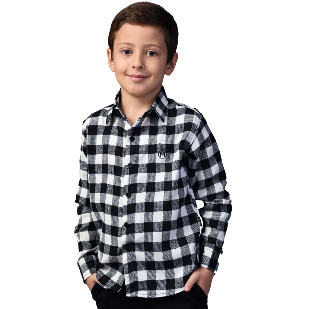 Camisa Social Xadrez Menino Festa Tamanho 1 A 10 Preta/Branca