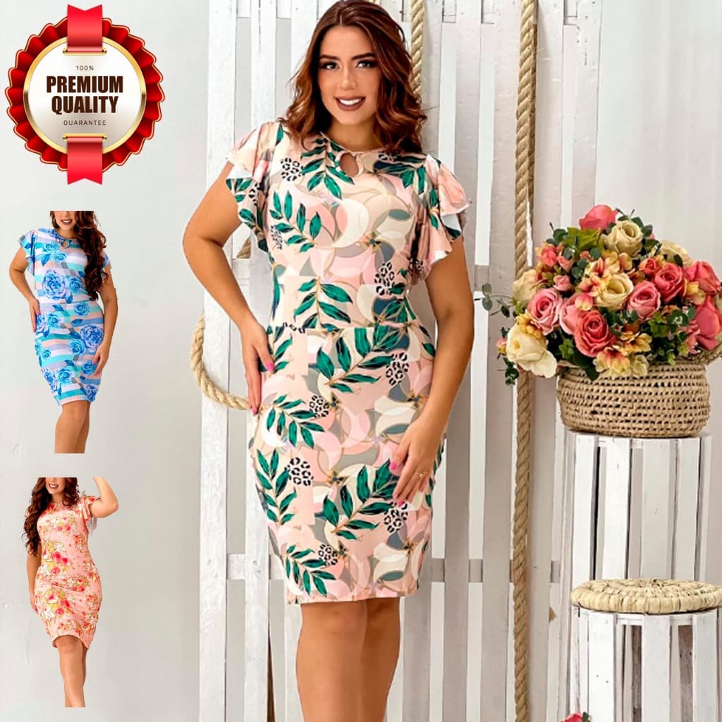 Vestido Feminino Midi Suplex  Evangélico Manga Babado Estampado Tubinho Gola Redonda