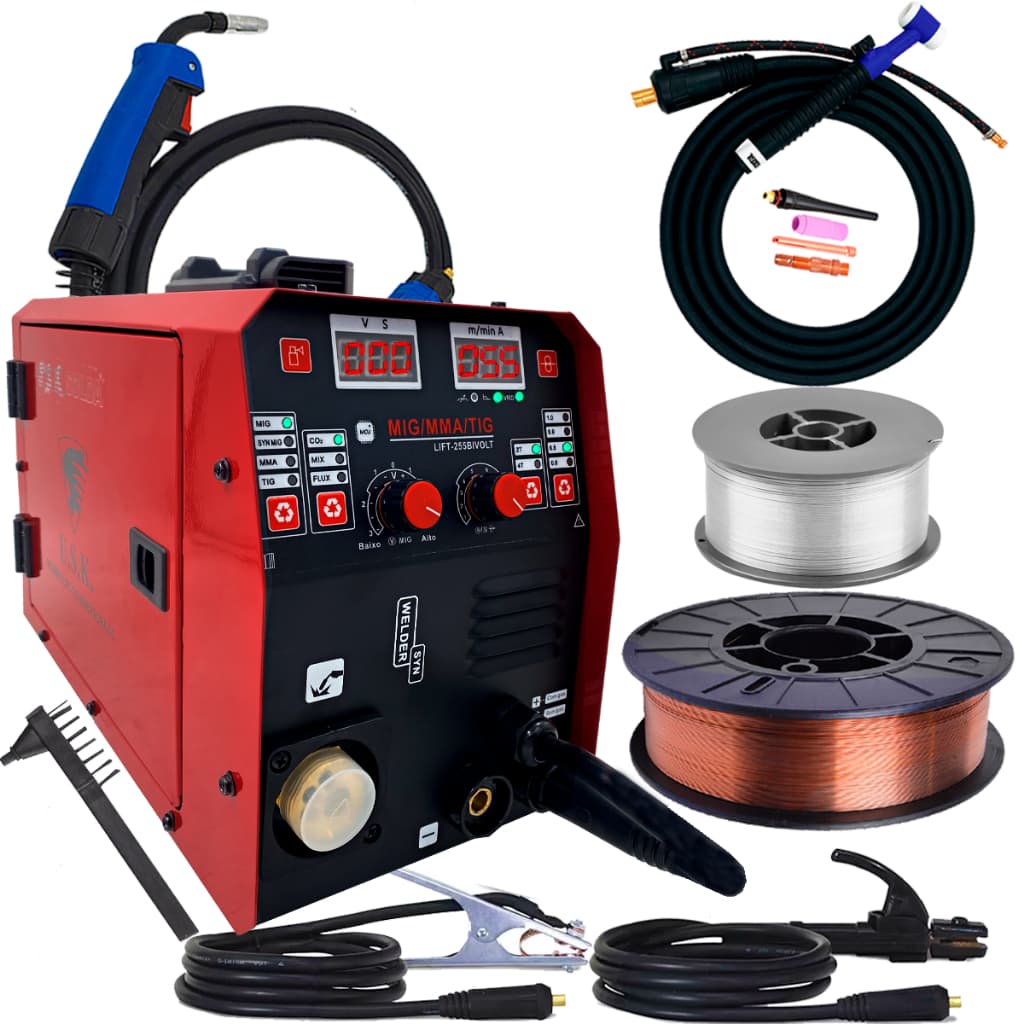 kit Soldador Máquina De Solda Inversora Multiprocesso Mig 150 Eletrodo Tocha Seca Tig Arame 5kg