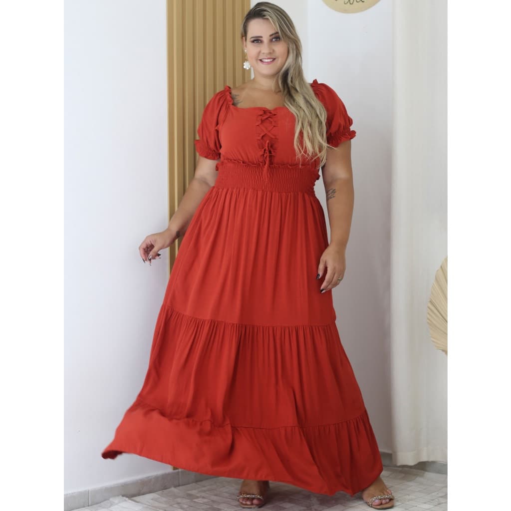 Vestido longo gola quadrada duna 48-56 com elastico na cintura mangas de boneca e alças ajustáveis 9822