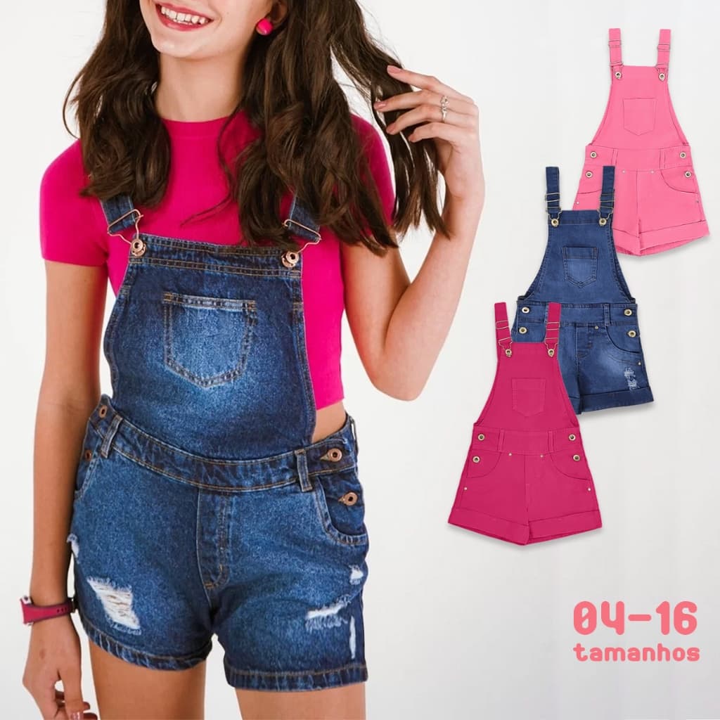 Macaquinho Feminino Jardineira Jeans Infantil Juvenil Menina