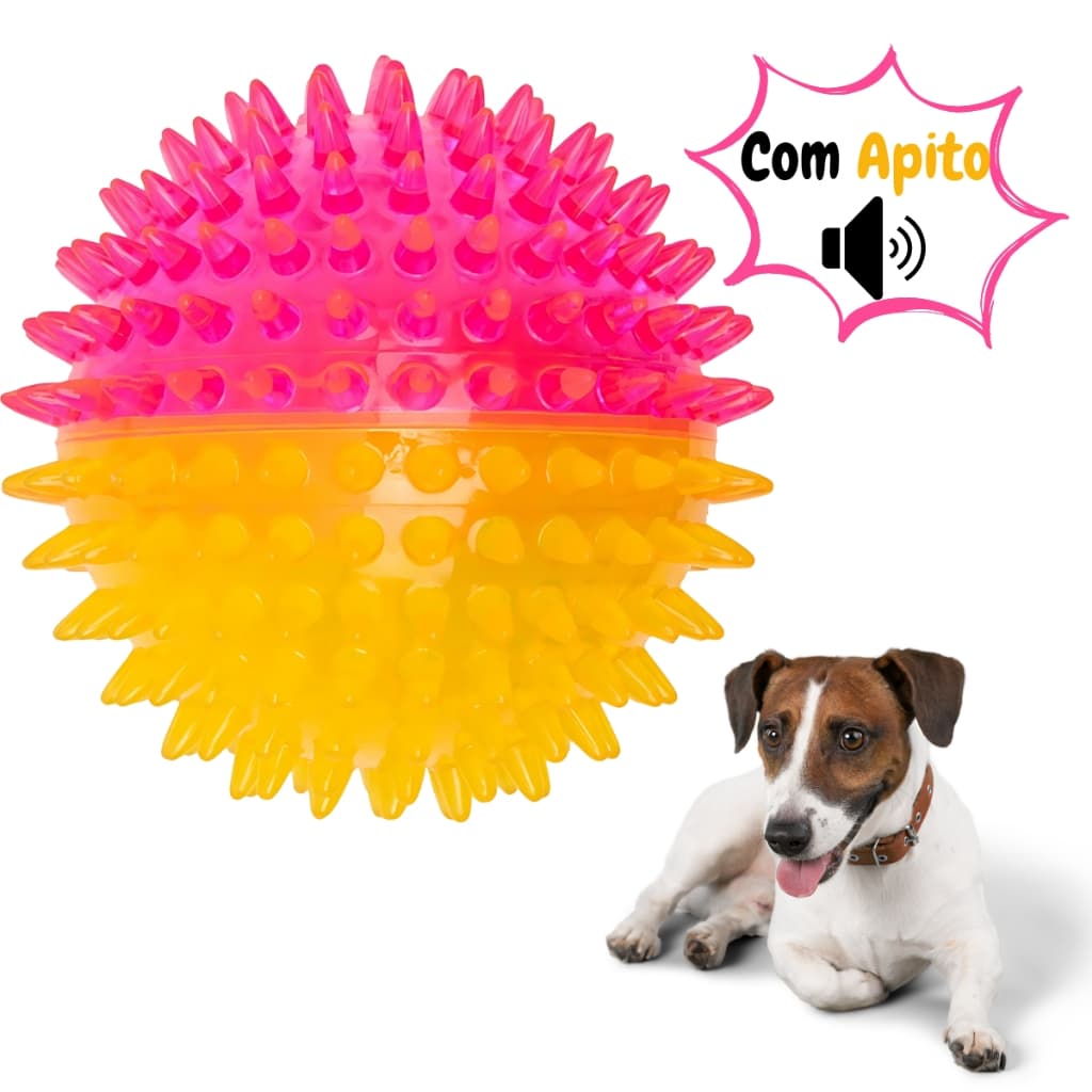 Brinquedo Bolinha Grande Interativa Resistente com Apito para Cães - Jambo Pet Cor Rosa e Amarelo