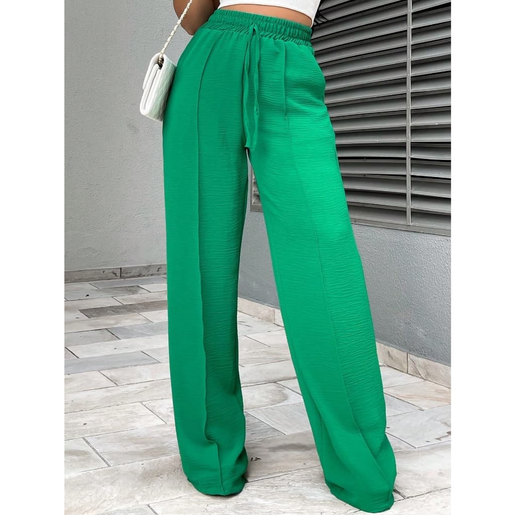 Calça Feminina Pantalona Duna Cintura Elástica Com Bolso Cintura Alta