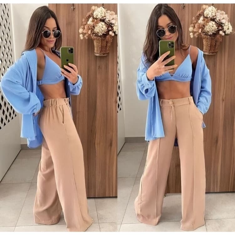 Calça Feminina Calça Pantalona Feminina Wide Leg Duna com Botão