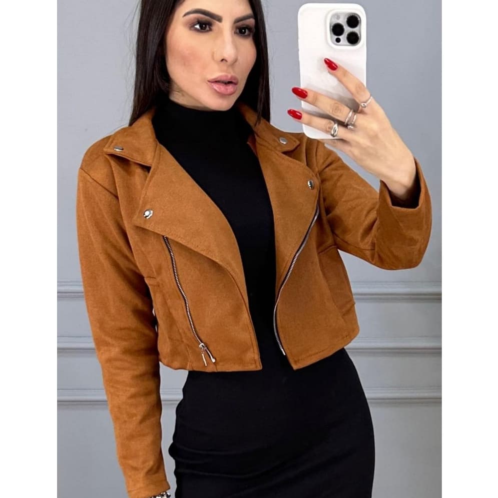 Jaqueta Feminina Suede Jaqueta Curta Manga Longa Inverno