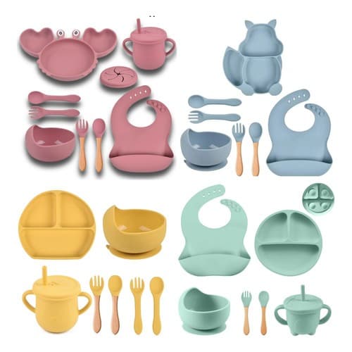 Kit Refeição Bebê Babador Prato Talher Silicone 8 Pcs