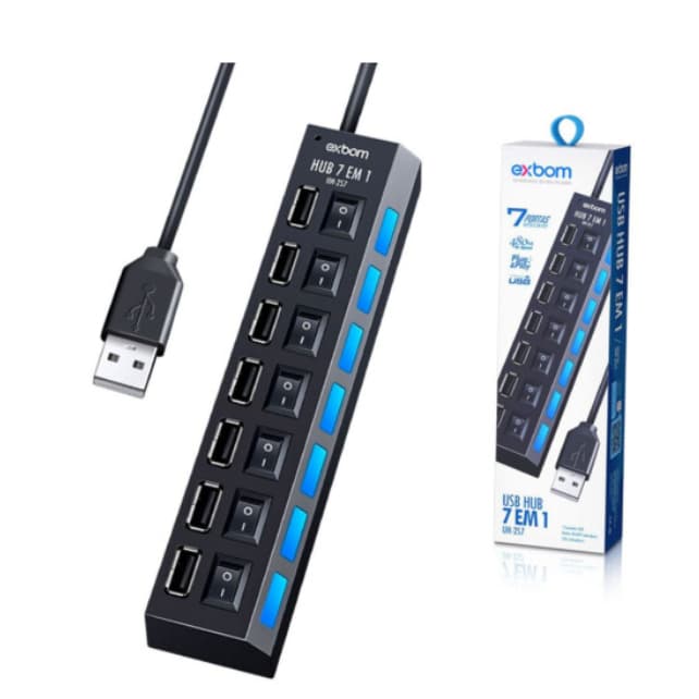 Hub 7 Portas Usb 2.0 Com Switch e Led Indicador Exbom
