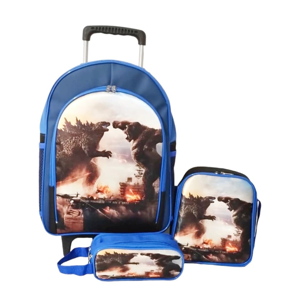 Mochila Rodinhas Godzila x King Lancheira Estojo Kit Escolar