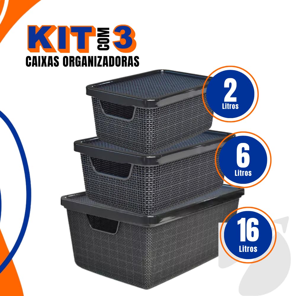 Kit 3 Caixas/cesto Organizador Jutta 2l, 6l E 16l Preto  Cesto Organizador Gavetas Guarda-Roupas Arm