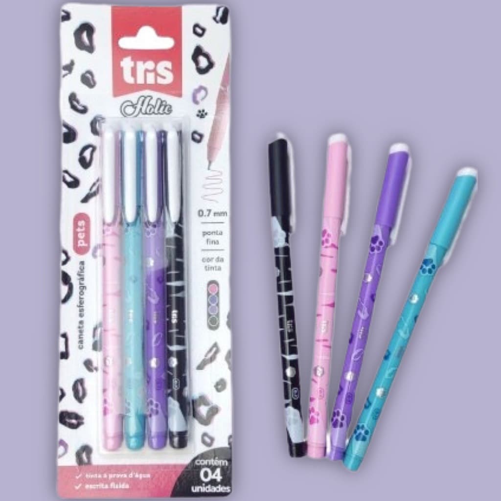 Kit 4 Canetas coloridas ponta fina 0.7mm Tris Holic Pets  Rosa, Azul, Roxo e Preto escolar fofa patinha