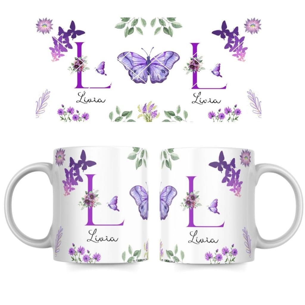 Caneca Com Inicial e Nome Borboletas Porcelana Personalizada Presente Temos Todas as Letras