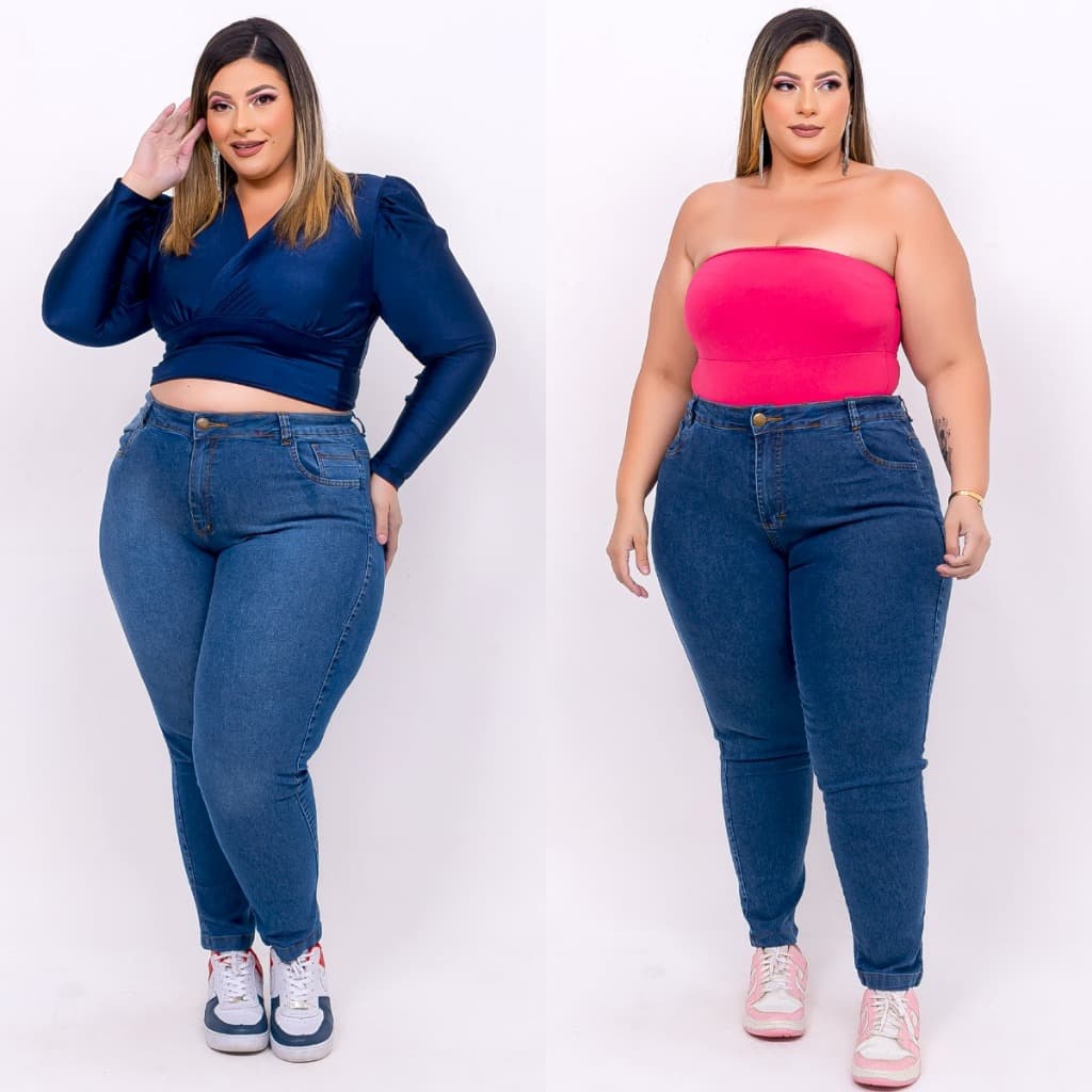 Kit 2 Calças Femininas Jeans Plus Size com Lycra Cintura Alta Levanta Bum Bum Skinny