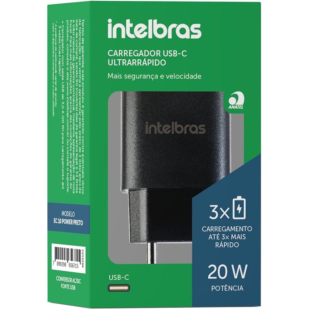 Carregador Ultra Rápido Porta Usb-c 3A Ec 10 Power 20w Preto Intelbras (3x mais Rapido)