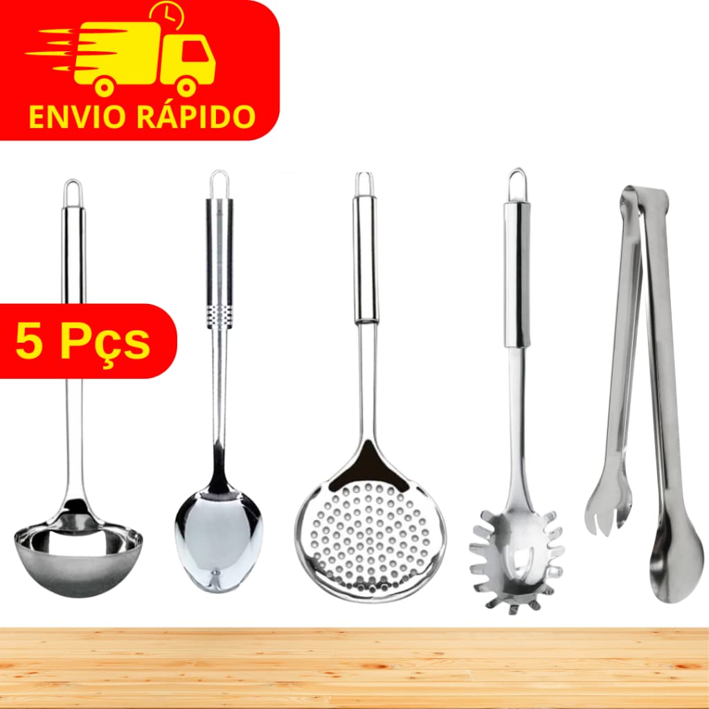 Kit 5 Peças Utensílios Inox Premium Concha + Colher + Escumadeira + Pegador de Massas + Salada