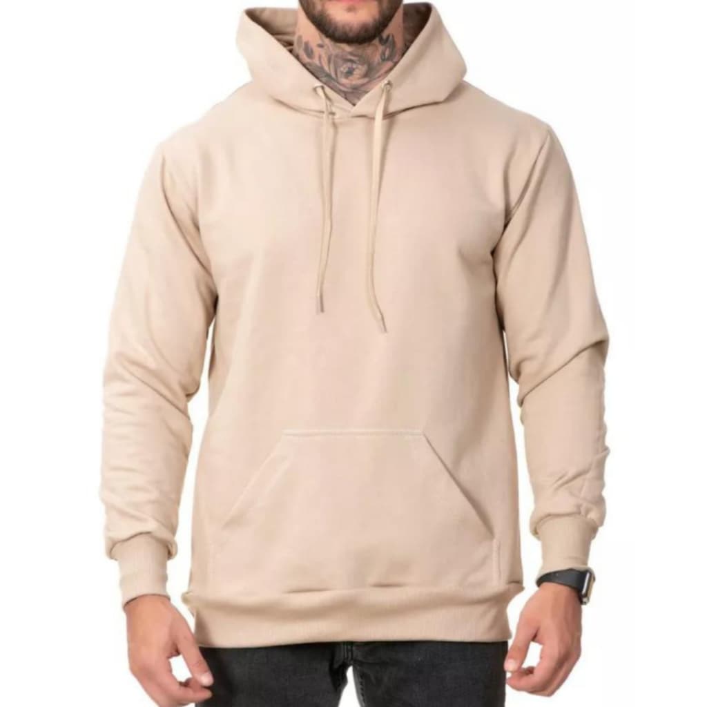 Moletom Masculino Liso Bege Com Capuz Bolso Canguru Sem Estampa Top
