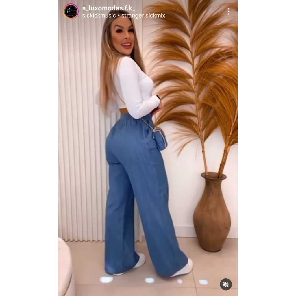 calca wide legge em jeans com elastico