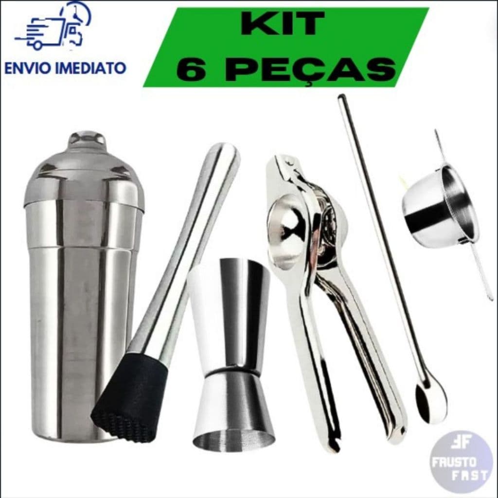 Kit Bar Caipirinha Combo 6 Peças Coqueteleira De Alumínio Socador Dosador Duplo 30 e 60 ML Espremedor Colher De Suco Dosador Whisky Para Bebidas Drink Restaurante