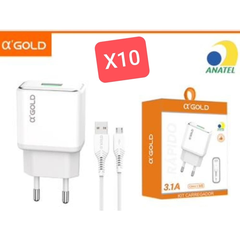 kit 10 CARREGADOR 3.1 1 USB AGOLD CA43 V8