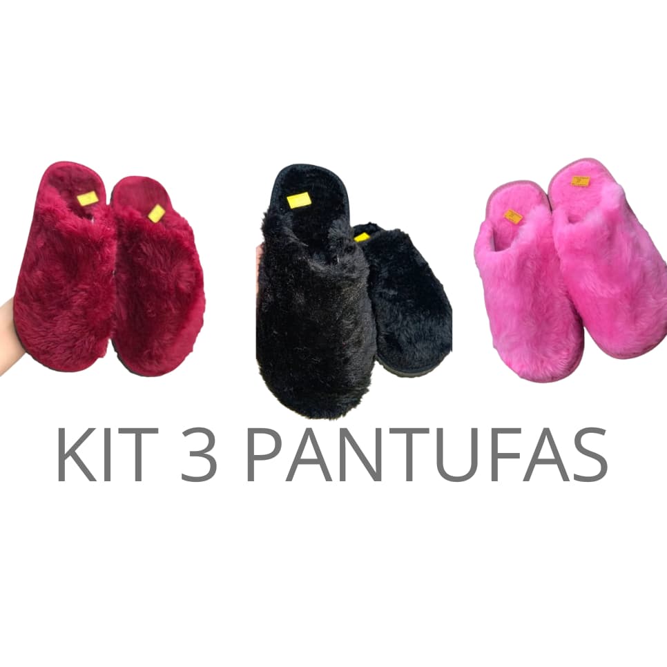 Kit 3 Pantufas de pelúcia confortável, chinelo de quarto, frio, solado antiderrapante, unissex várias cores, do 34 AO 44