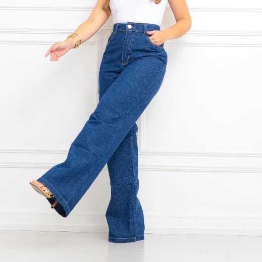 Calça jeans feminina modelo wide leg escura sem elastano primeira qualidaade