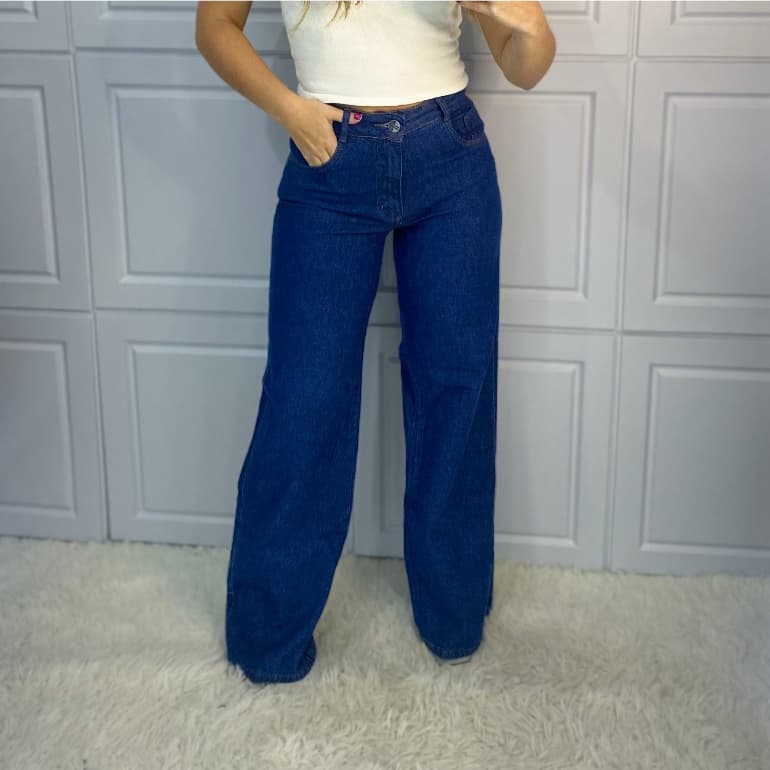 Calça jeans wide leg escura fabricação primeira não elestica