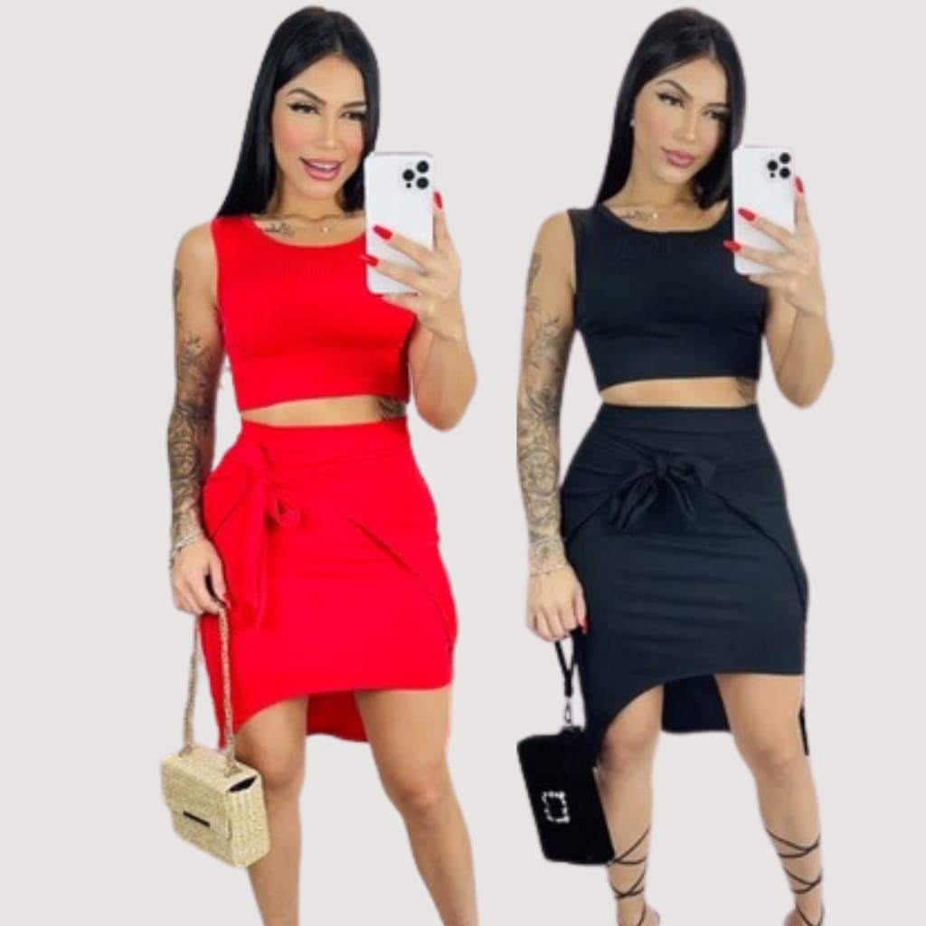 Conjunto Saia e Cropped Regata Envelope Malha Canelada Feminino Básico Preto Vermelho Lilás