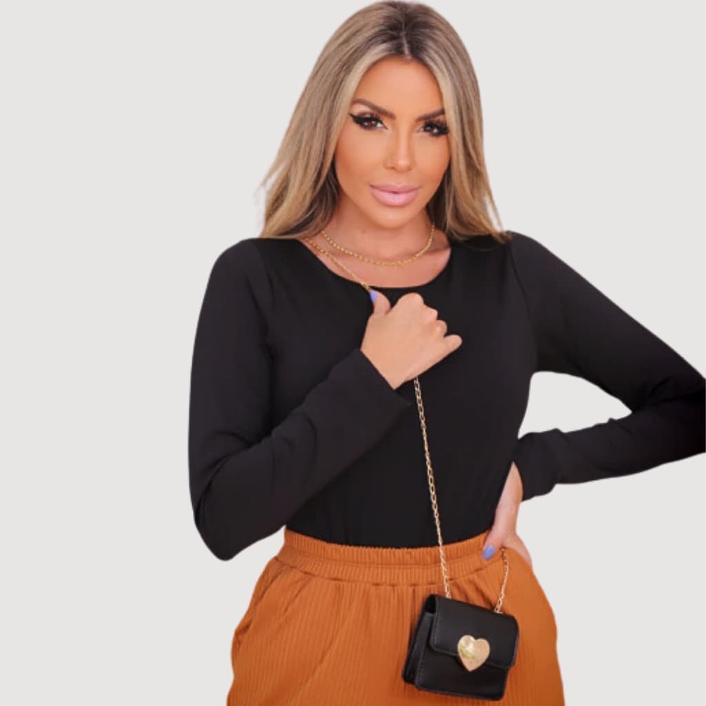 Blusa Body Feminino Manga Longa Suplex Liso Casual Blusinha Básica Preta Branco