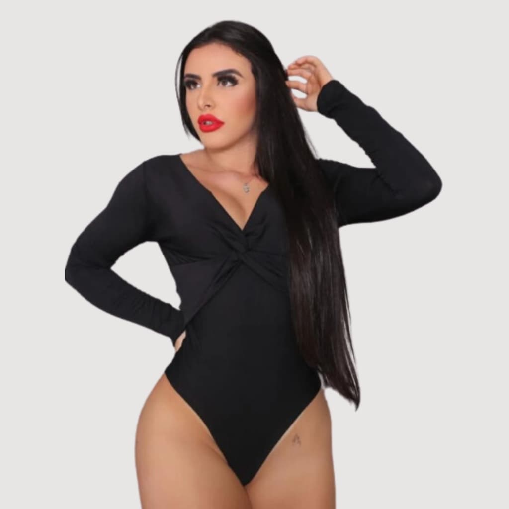 Blusa Body Feminino Manga Longa Torcido no Peito Blusinha Básica Preta