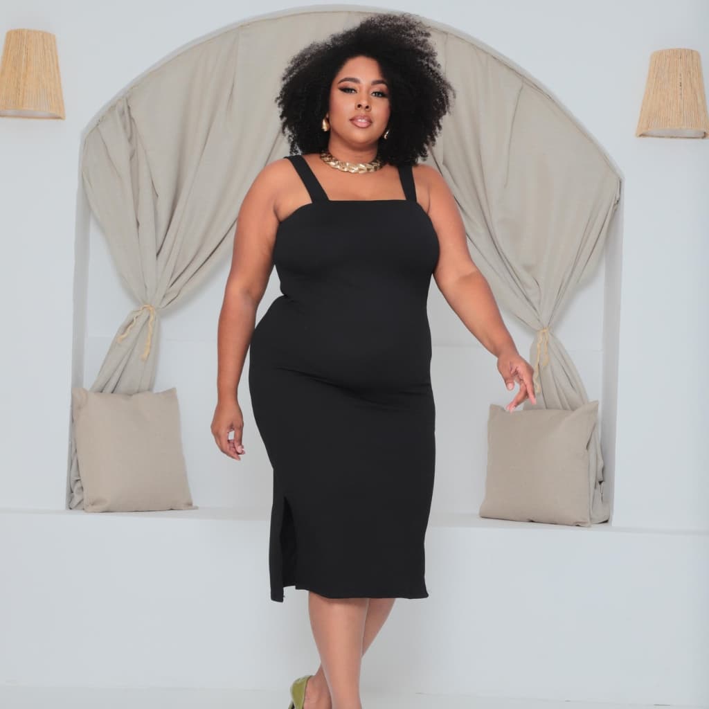Vestido plus size Feminino Canelado Premium Alça Larga com Fenda Midi