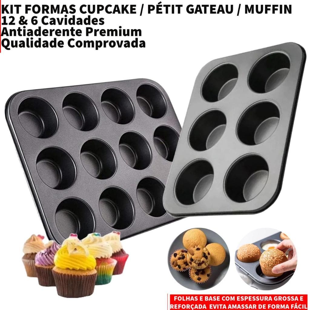 Kit Formas Cupcake Antiaderente Teflon Pão de Queijo Empadas Muffin 12 e 6 Cavidades