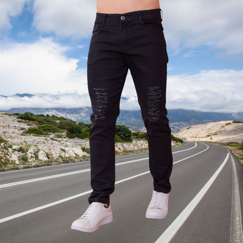 Jeans Rasgado Preto Masculino Zíper Lycra Jeans Stretch Fabricantes Preços Especiais Venda Direta
