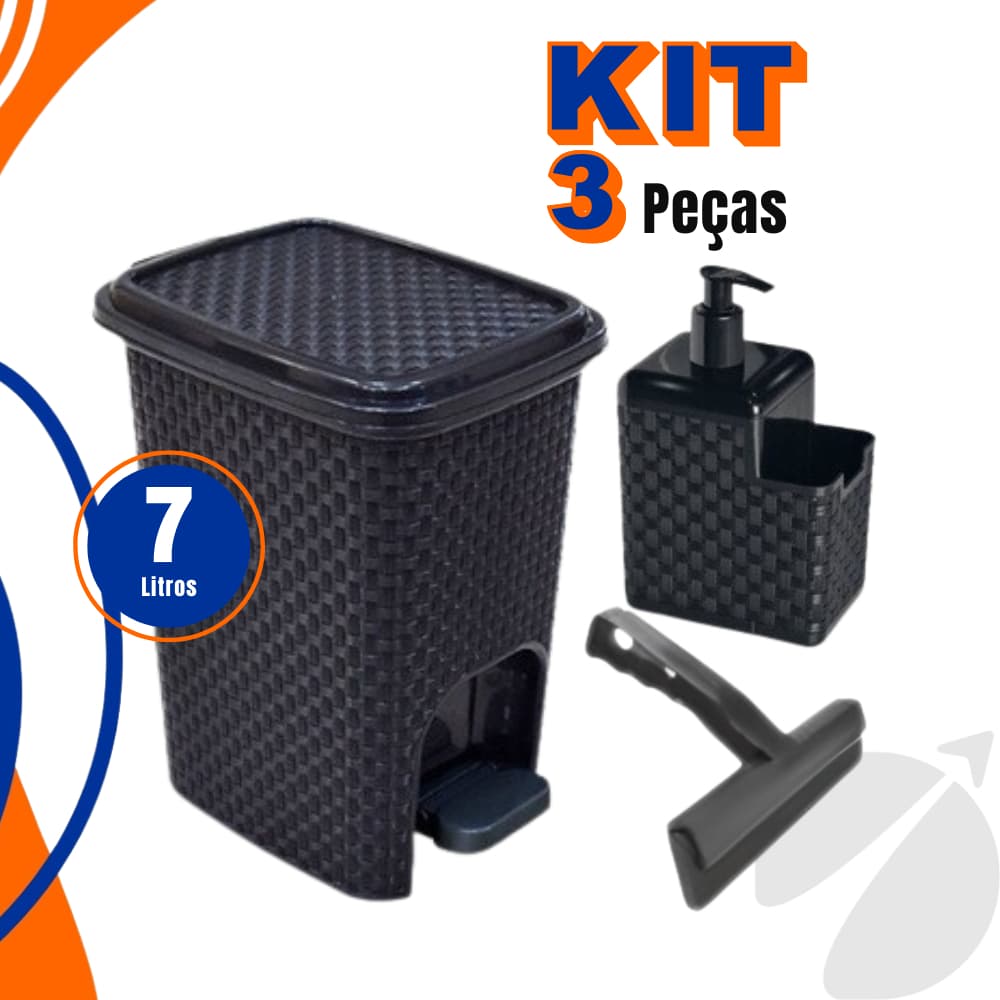 Lixeira Rattan 7 Litros + Dispenser Detergente e Esponja + Rodo
