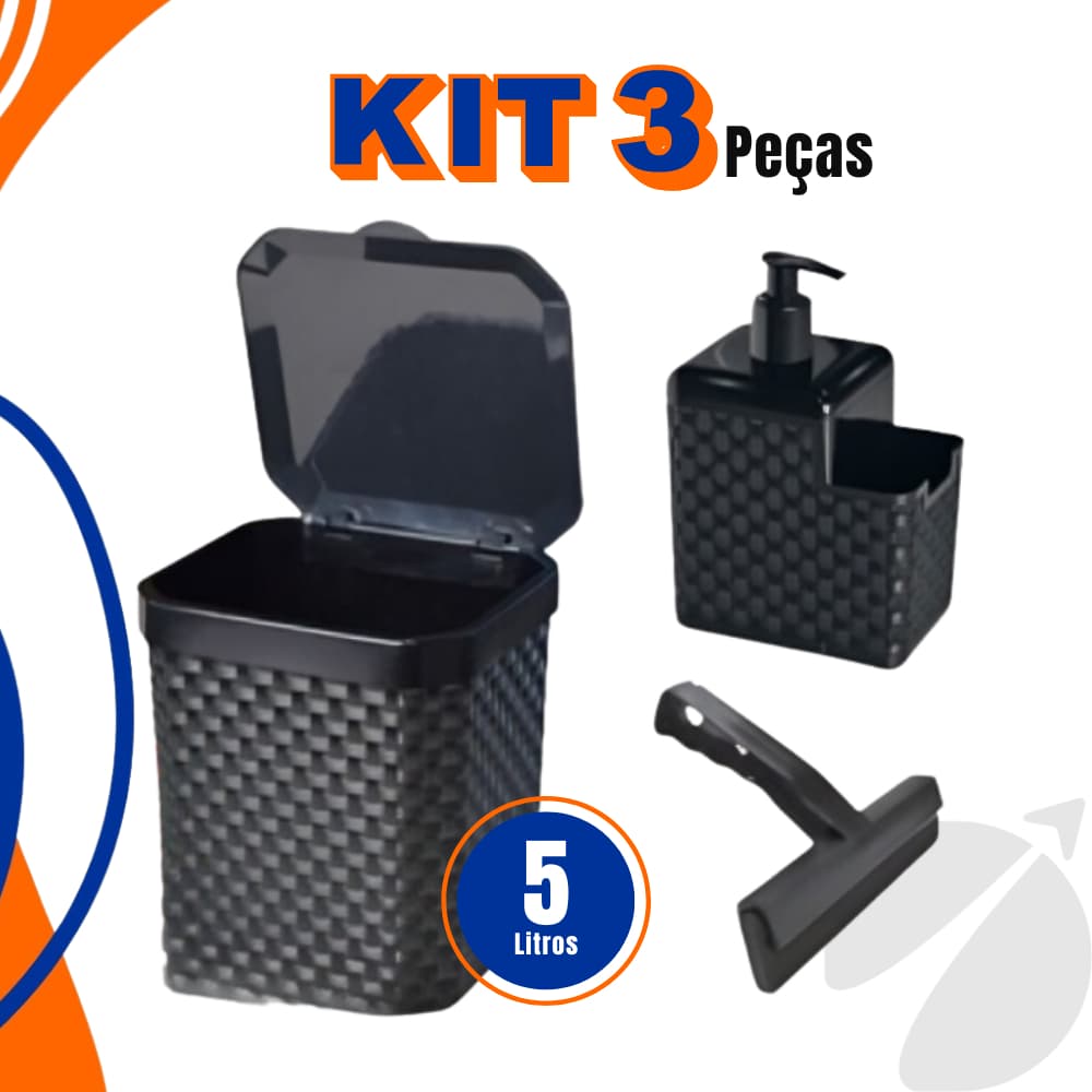 Kit Lixeira Pia 5 Litros + Porta Detergente Sabão + Rodinho de Pia Kit Cozinha 3 Peças