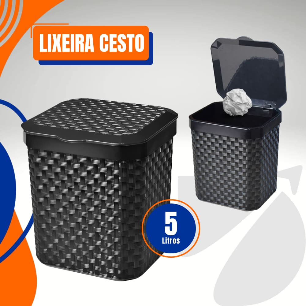 Lixeira Cesto Rattan 5 Litros Preta C Tampa Cozinha Banheiro Lixeira Pia