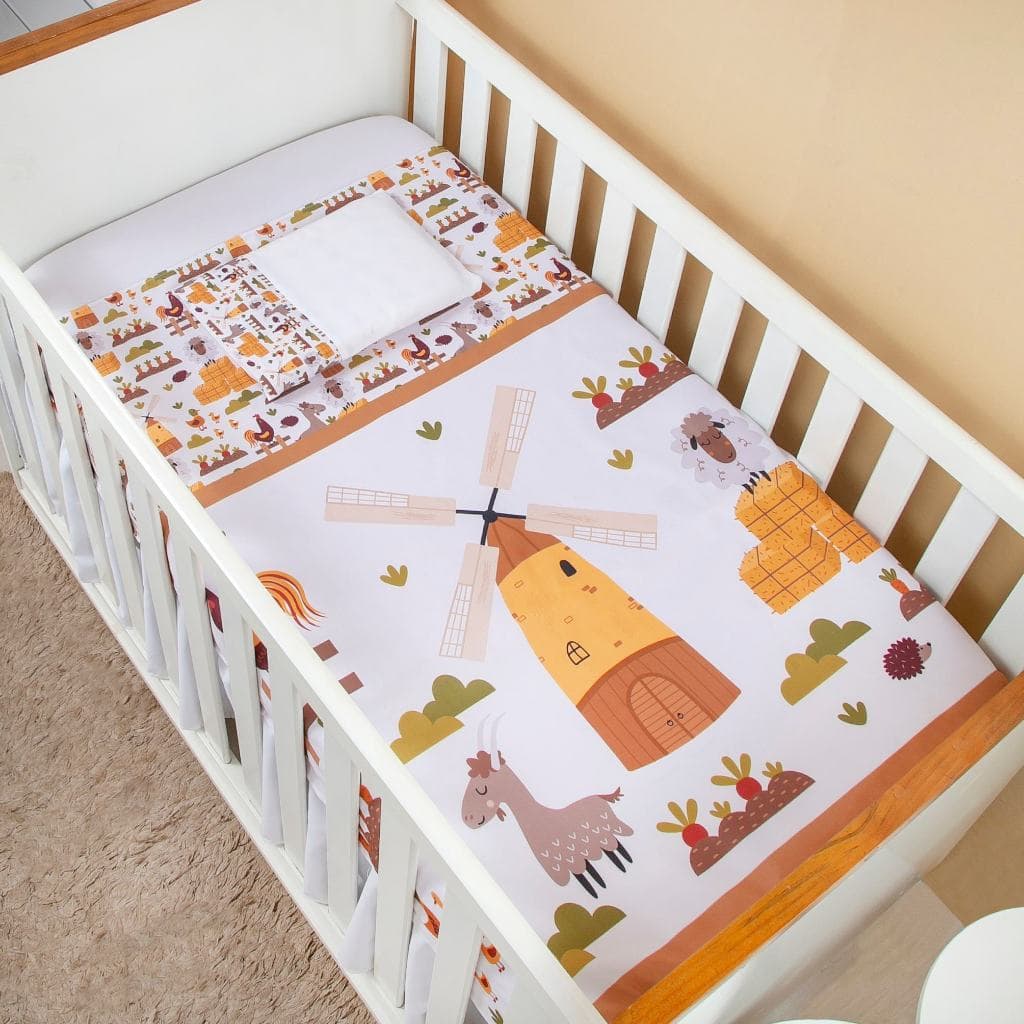 Jogo de Lençol 3 pcs Berço Americano Bebê Menino Fazendinha